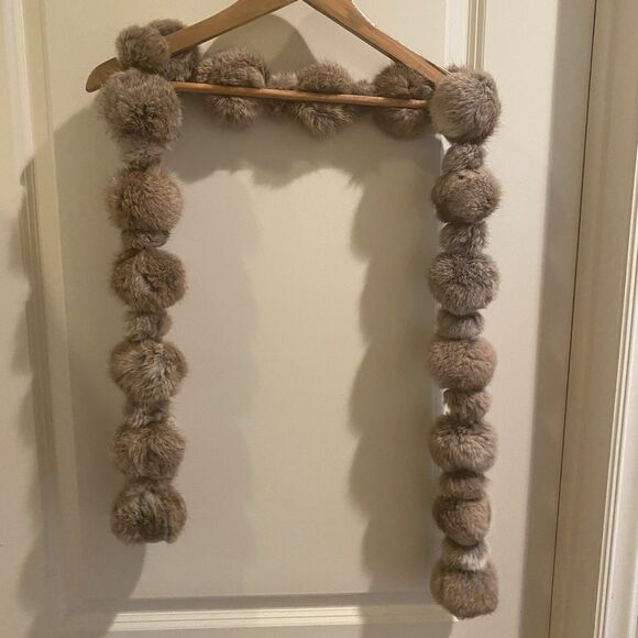No Brand Accessories - Brown Rabbit Fur Ball Scarf 59” Length, Leather Strip Connection